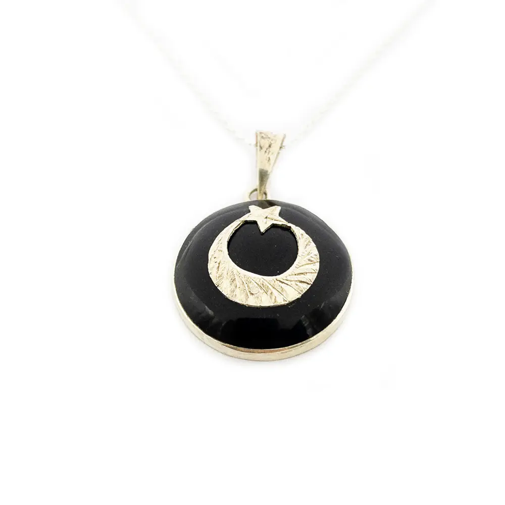 Silver Star and Crescent Engraved Oltu Stone Necklace