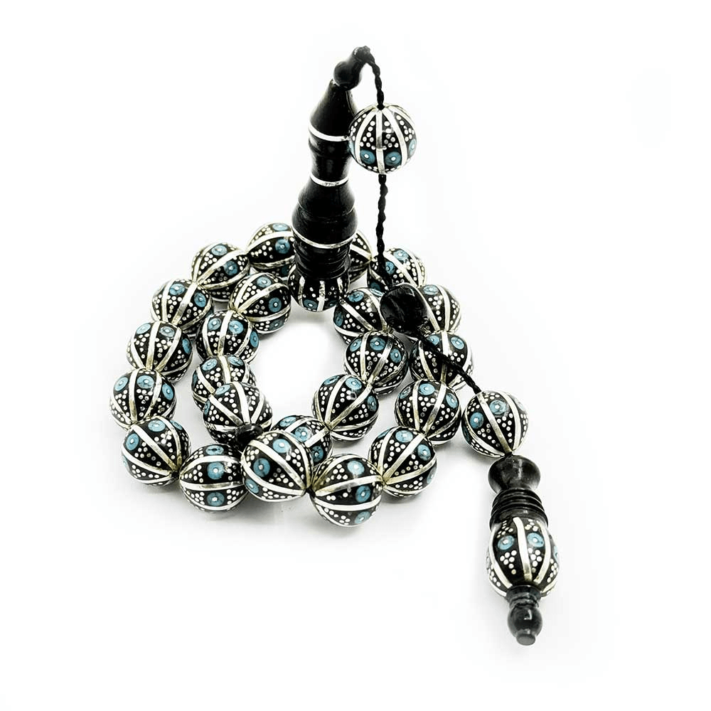 Silver Split and Turquoise Embroidered Master Workmanship 23-Piece Erzurum Oltu Stone Efe Stress Rosary