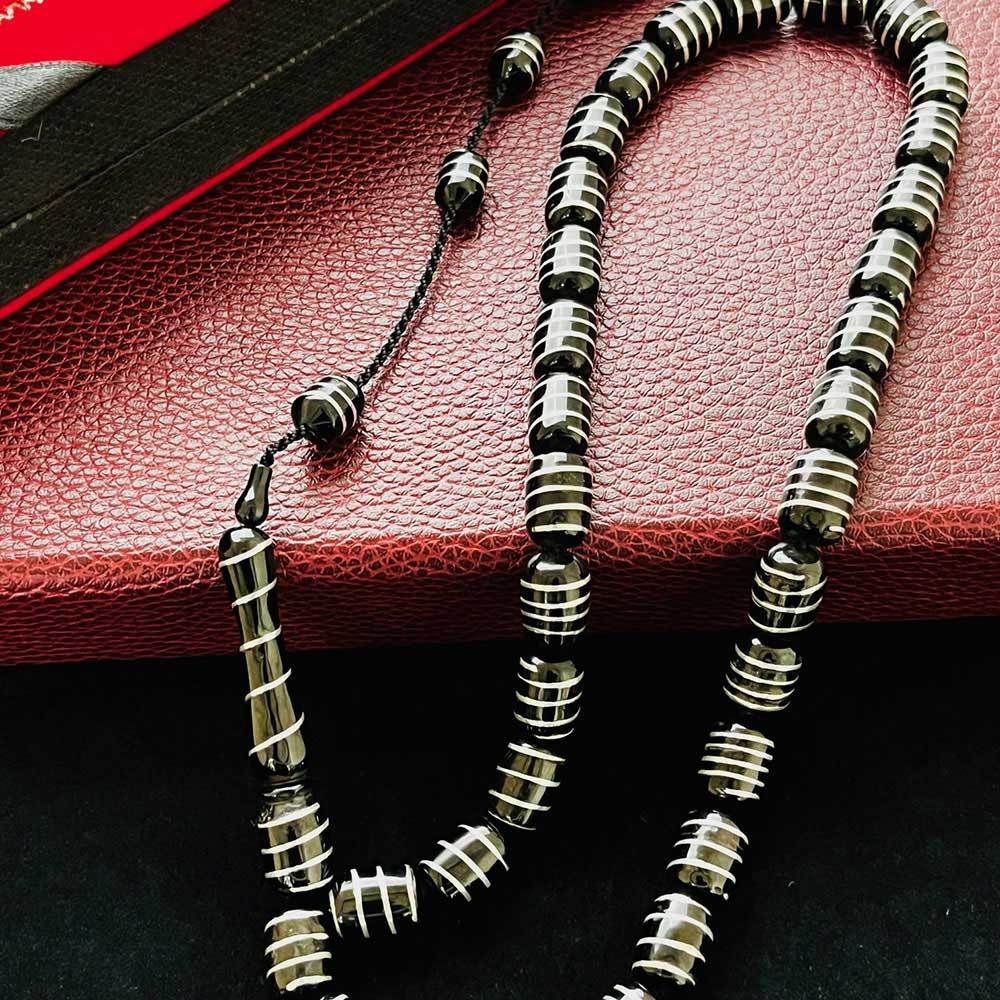 Silver Bow Embroidered Erzurum Oltu Stone Rosary