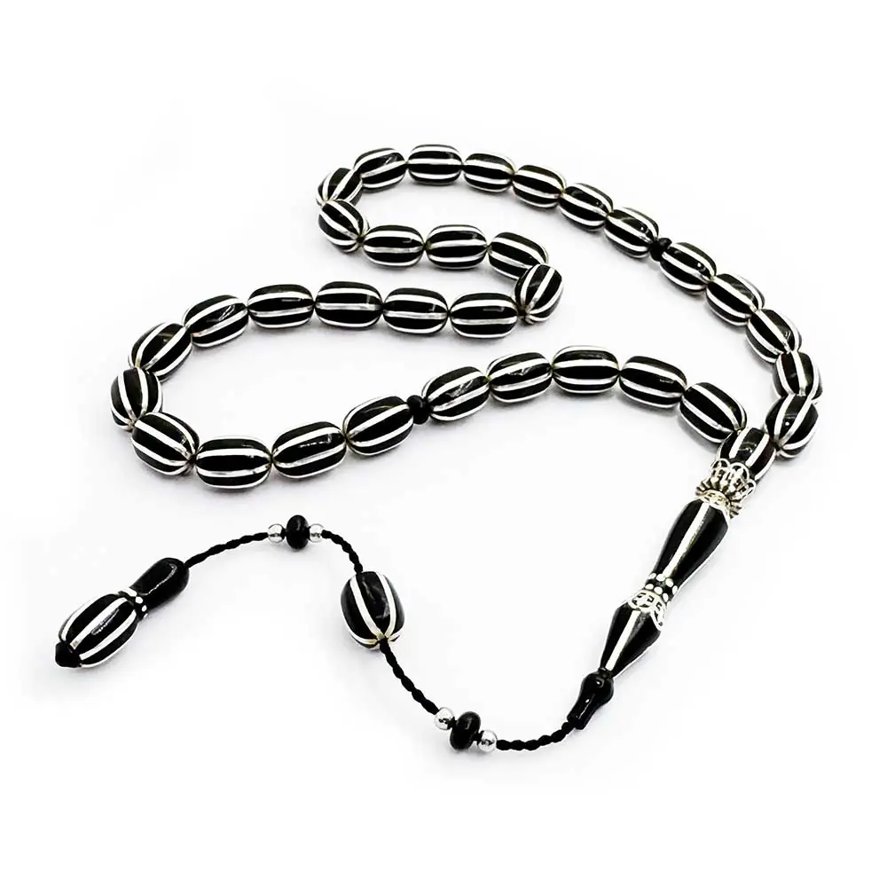 8 li Yarma Engraved Capsule Cut Usta Crafted Erzurum Oltu Stone Prayer Beads