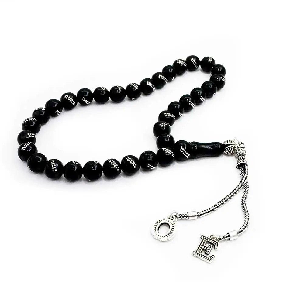 Personalized Initial Silver Engraved Erzurum Oltu Stone Prayer Beads