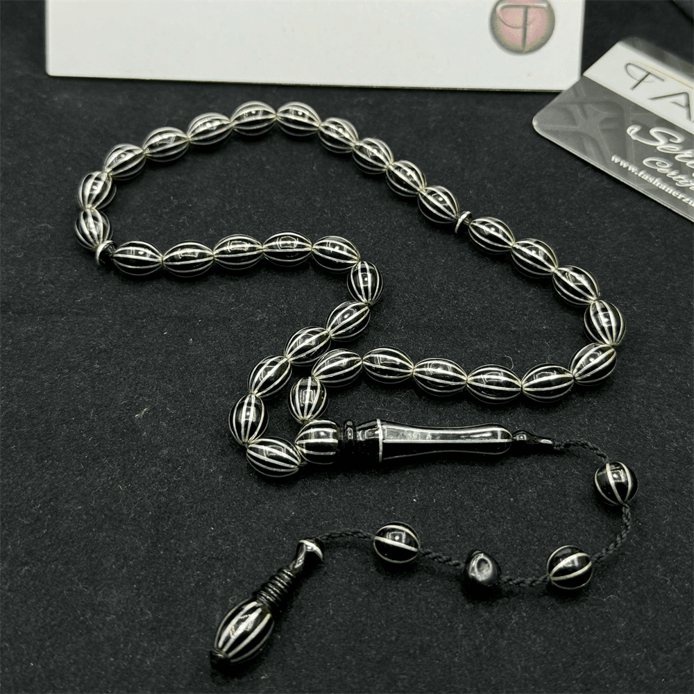 12 Piece Silver Split Processed Master Workmanship System Premium Erzurum Oltu Stone Prayer Beads