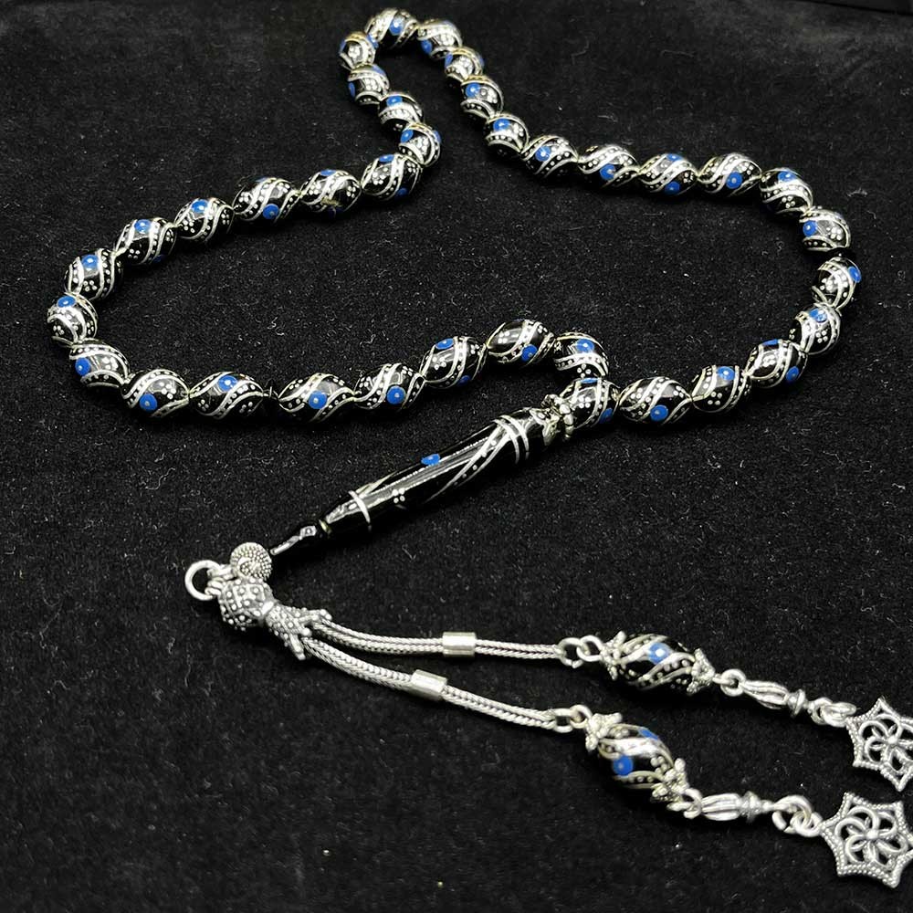925 Sterling Silver Tasseled Silver-Turquoise Embroidered Barley Cut Erzurum Oltu Tasbih