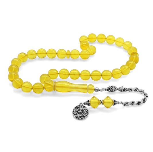 925 Sterling Silver Tasseled Sphere Cut Soft Yellow Drop Amber Rosary