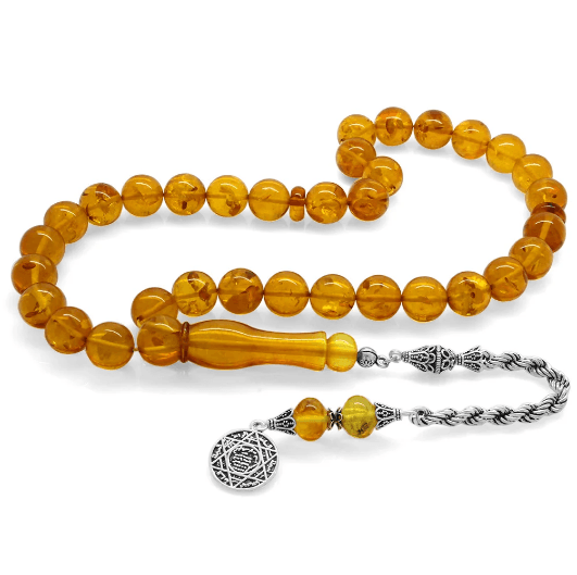 925 Sterling Silver Tasseled Globe Cut Crystal Patterned Honey Color Drop Amber Rosary