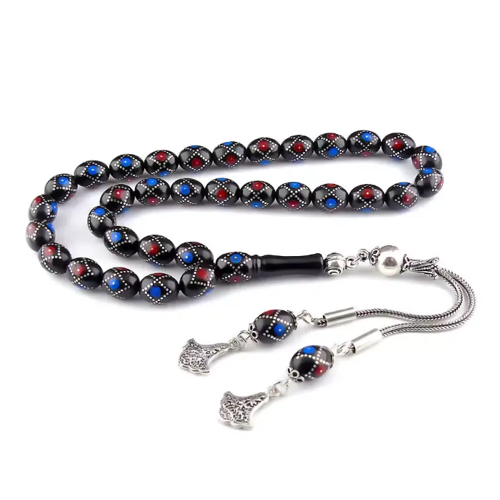 Silver Turquoise Coral Engraved Erzurum Oltu Stone Prayer Beads