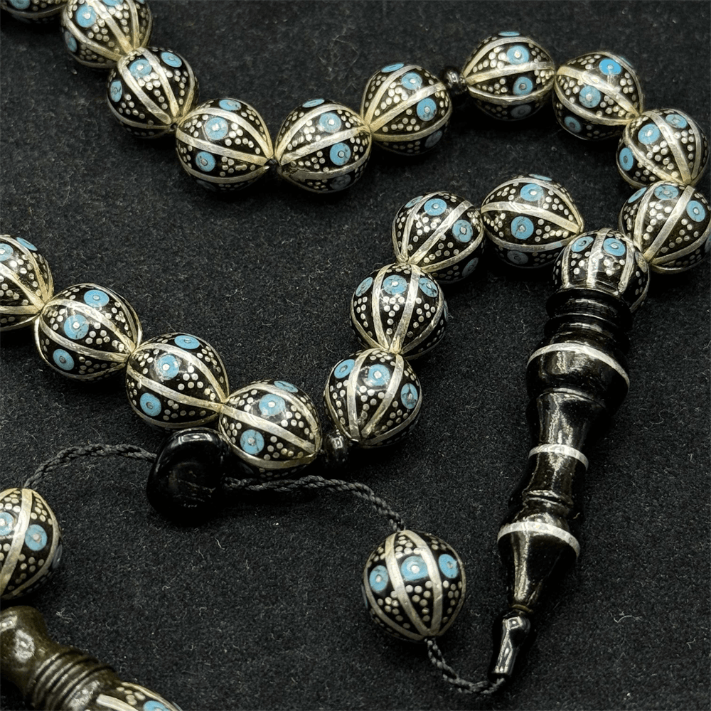 Silver Split and Turquoise Embroidered Master Workmanship 23-Piece Erzurum Oltu Stone Efe Stress Rosary