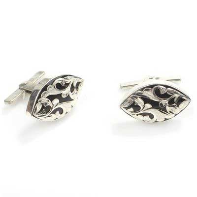 925 Sterling Silver Erzurum Oltu Stone Kalemkar Workmanship Almond Cufflink