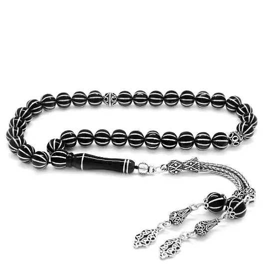 925 K Silver Tasselled Silver 10′lu Karpuz Yarma Sphere Cut Erzurum Oltu Stone Prayer Beads
