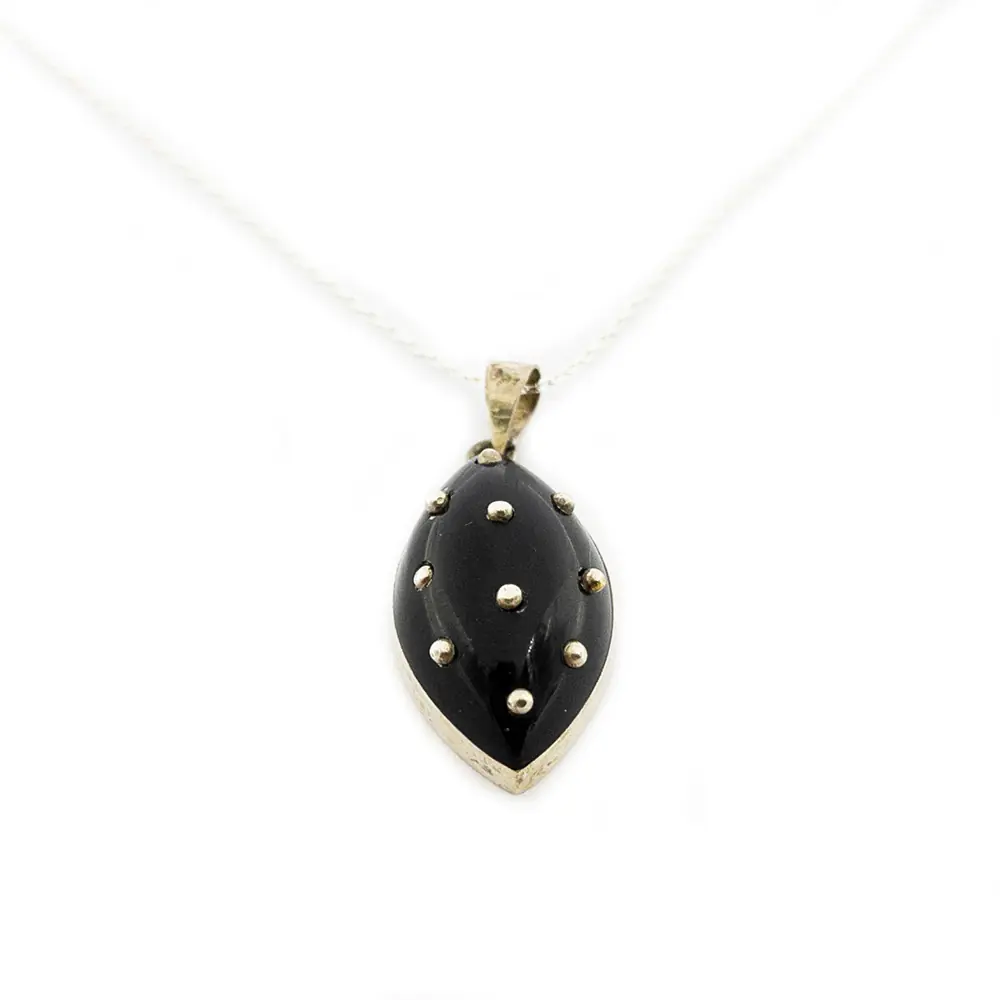 Silver Inlay Engraved Oltu Stone Women's Necklace