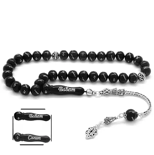 Silver Tasselled İmamesi Name Engraved Erzurum Oltu Stone Prayer Beads