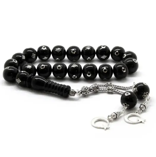 Silver Star and Crescent Engraved 17 li Erzurum Oltu Stone Efe Stres Prayer Beads