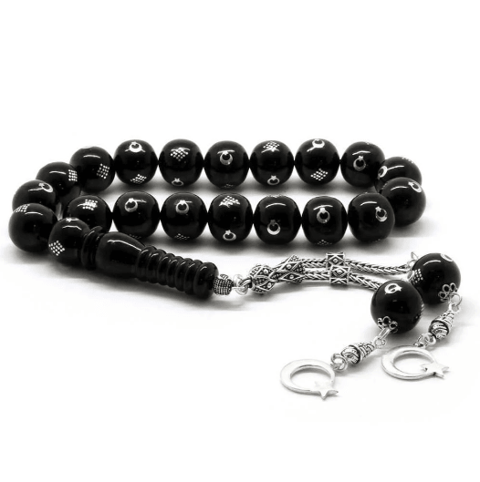 Silver Crescent and Star Embroidered 17-piece Erzurum Oltu Stone Efe Stres Prayer Beads