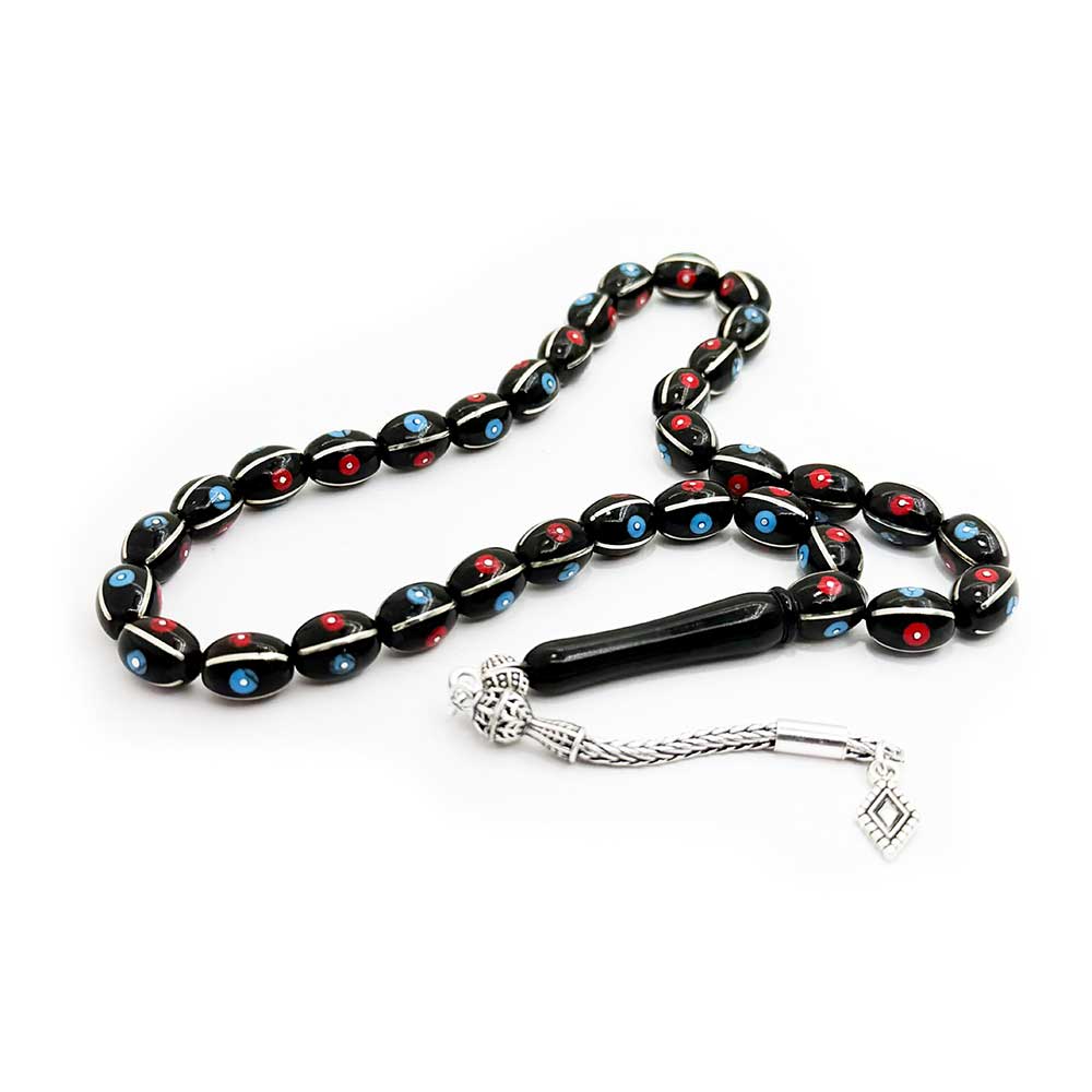 Gümüş Yarma Firuze ve Mercan İşlemeli Erzurum Oltu Taşı Tesbih