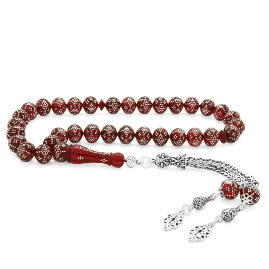 925 Sterling Silver Tasseled Intense Silver Embroidered Sphere Cut Red Crimped Amber Rosary