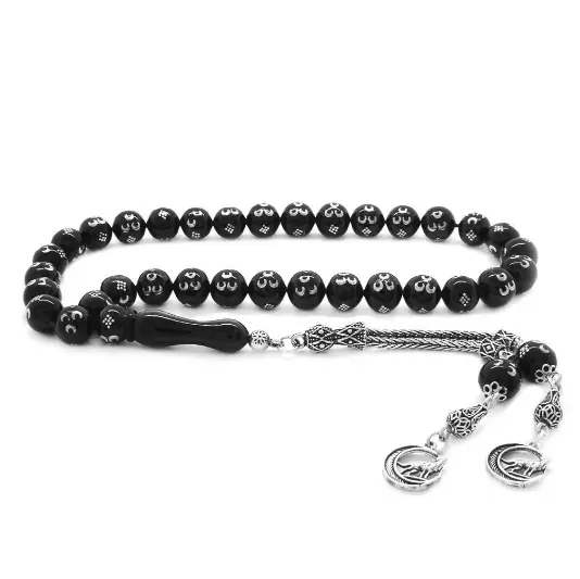925 K Silver Grey Wolf Tasselled Silver 3 Hilal Engraved Erzurum Oltu Stone Prayer Beads
