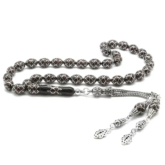 925 K Silver Tasselled Silver-Mercan Engraved Arpa Cut Erzurum Oltu Stone Prayer Beads