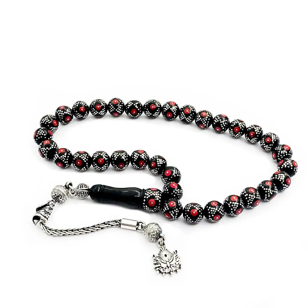 Silver Coral Engraved Handcrafted Erzurum Oltu Stone Prayer Beads