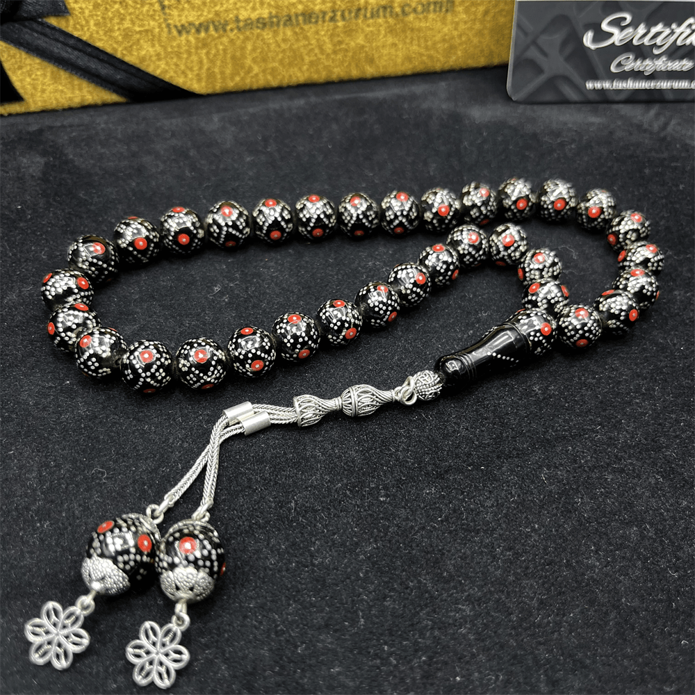 Silver-Coral Processed Sphere Cut Erzurum Oltu Stone Prayer Beads with 925 Sterling Silver Tassels