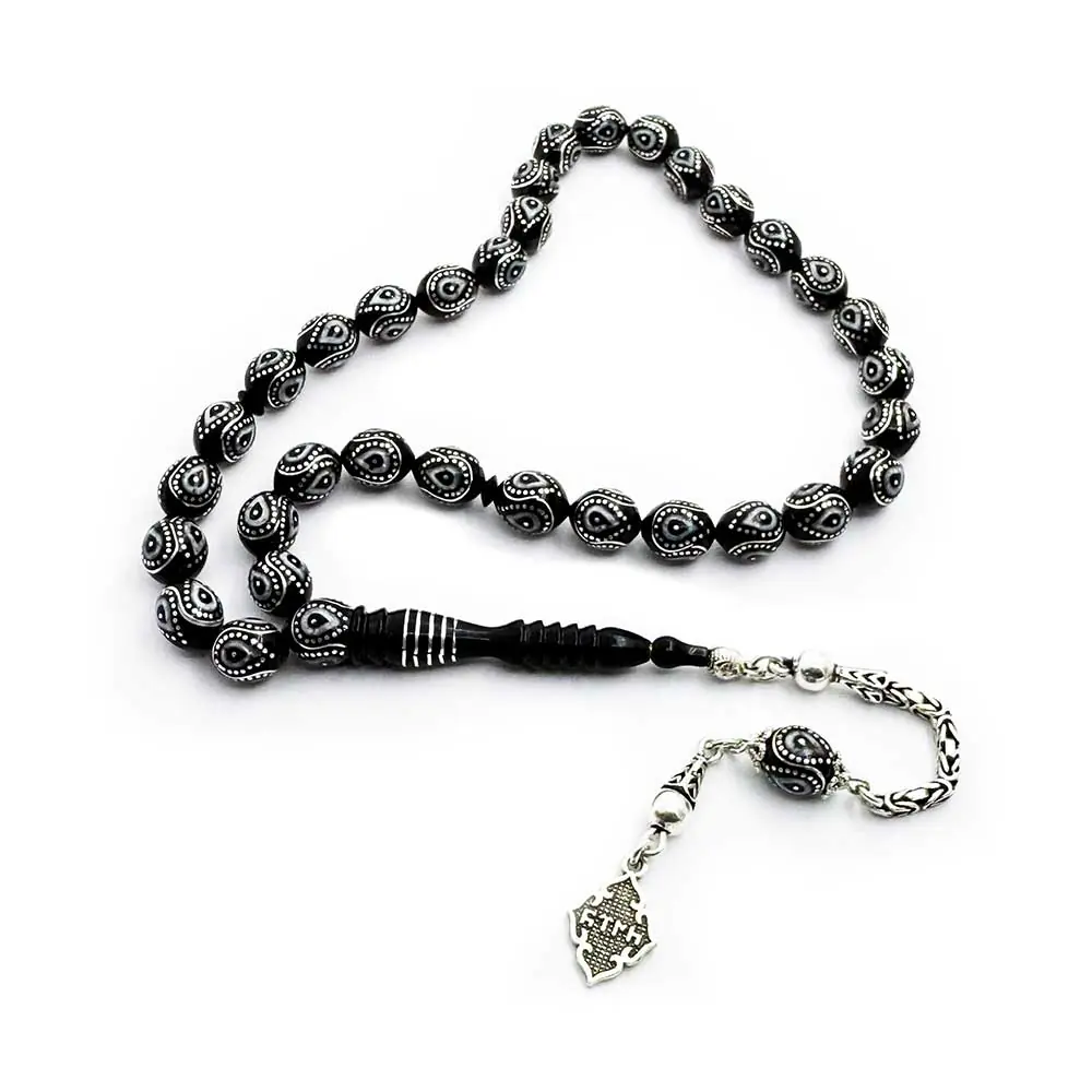 925 K Silver Kral Tasselled Silver-Mine Engraved Erzurum Oltu Stone Prayer Beads