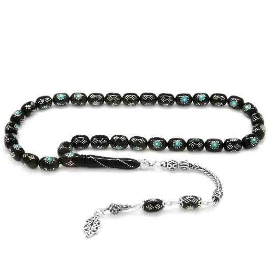 925 K Silver Tasselled Silver-Firuze Engraved Silindir Cut Erzurum Oltu Stone Prayer Beads