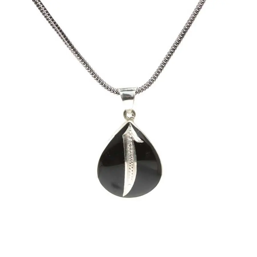 925 K Silver Drop Alif Engraved Oltu Stone Necklace