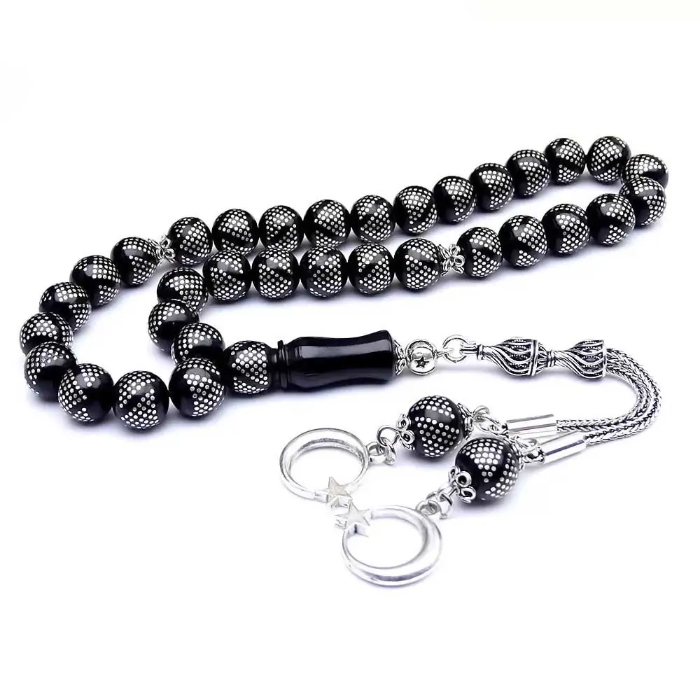 Silver Piramit Engraved Usta Crafted Sphere Erzurum Oltu Stone Prayer Beads