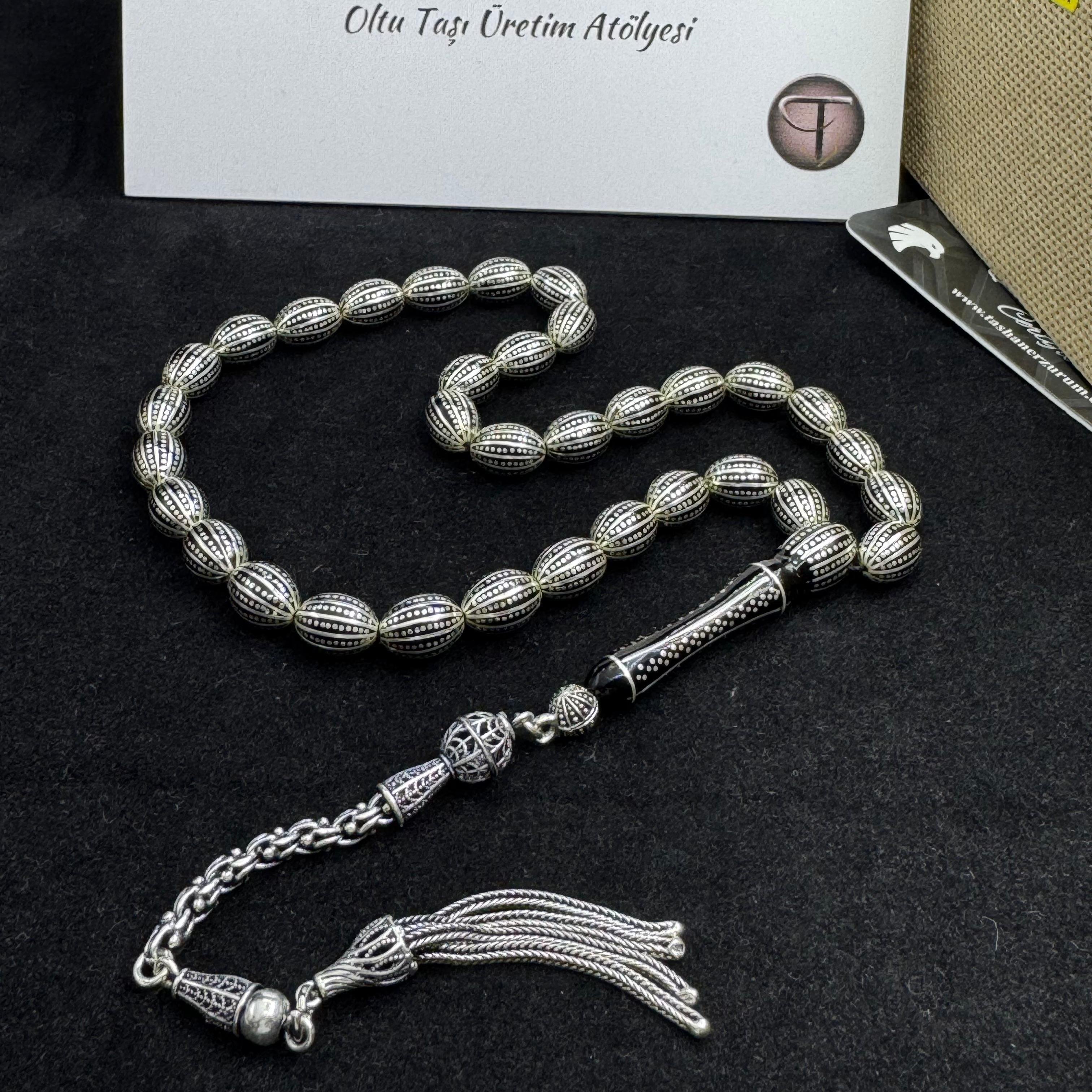 12 li Yarma ve Kakma Gümüş İşlemeli Usta İşçiliği Erzurum Oltu Taşı Tesbih