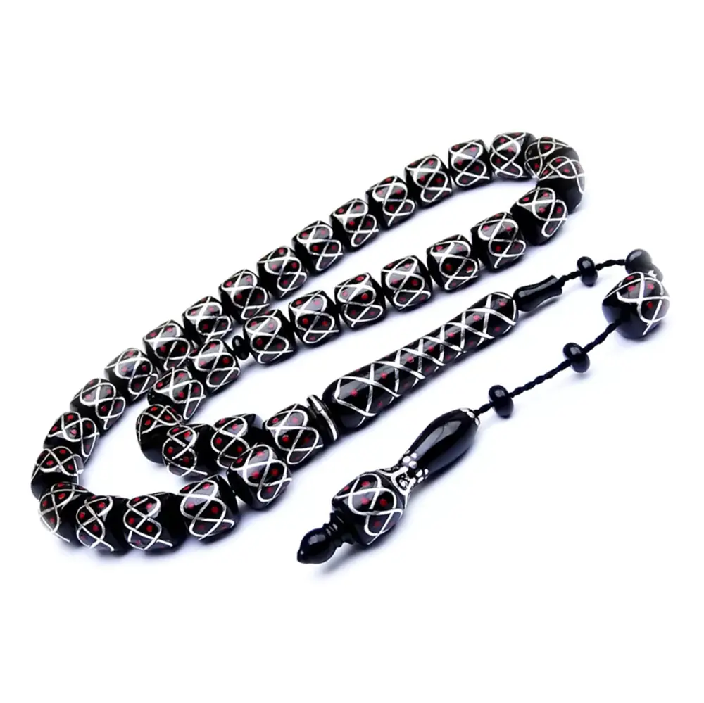 Usta Crafted Silver Coral Engraved Erzurum Oltu Stone Prayer Beads
