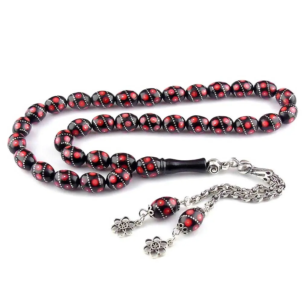 Red Enamel & Silver Engraved Erzurum Oltu Prayer Beads