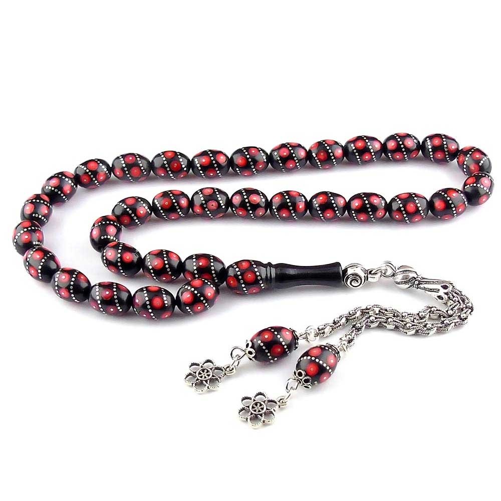 Red Enamel and Silver Embroidered Oltu Rosary