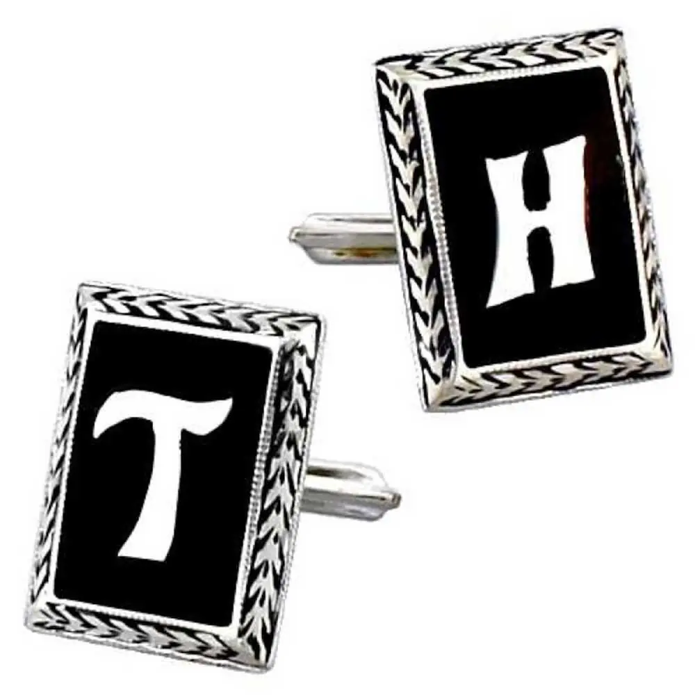 Oltu Stone-set Silver & Initial Personalized Wrist Düğmesi Rectangle