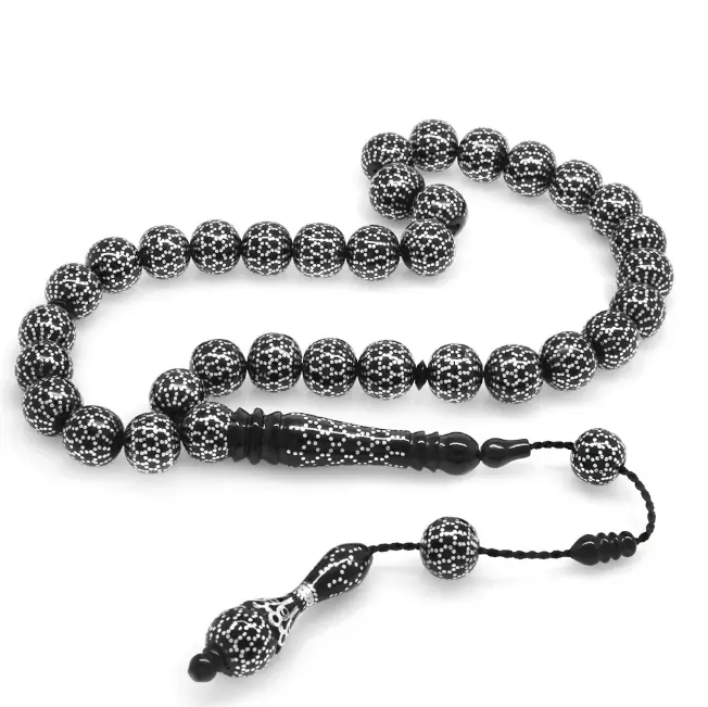 Sistemli Yoğun Silver Engraved Sphere Cut Erzurum Oltu Stone Prayer Beads