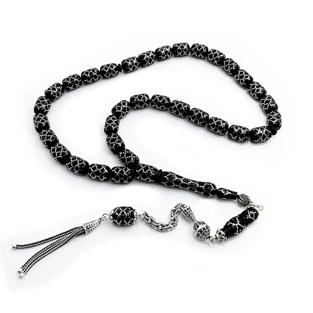 Silver Engraved Usta Crafted Capsule Cut Erzurum Oltu Stone Prayer Beads