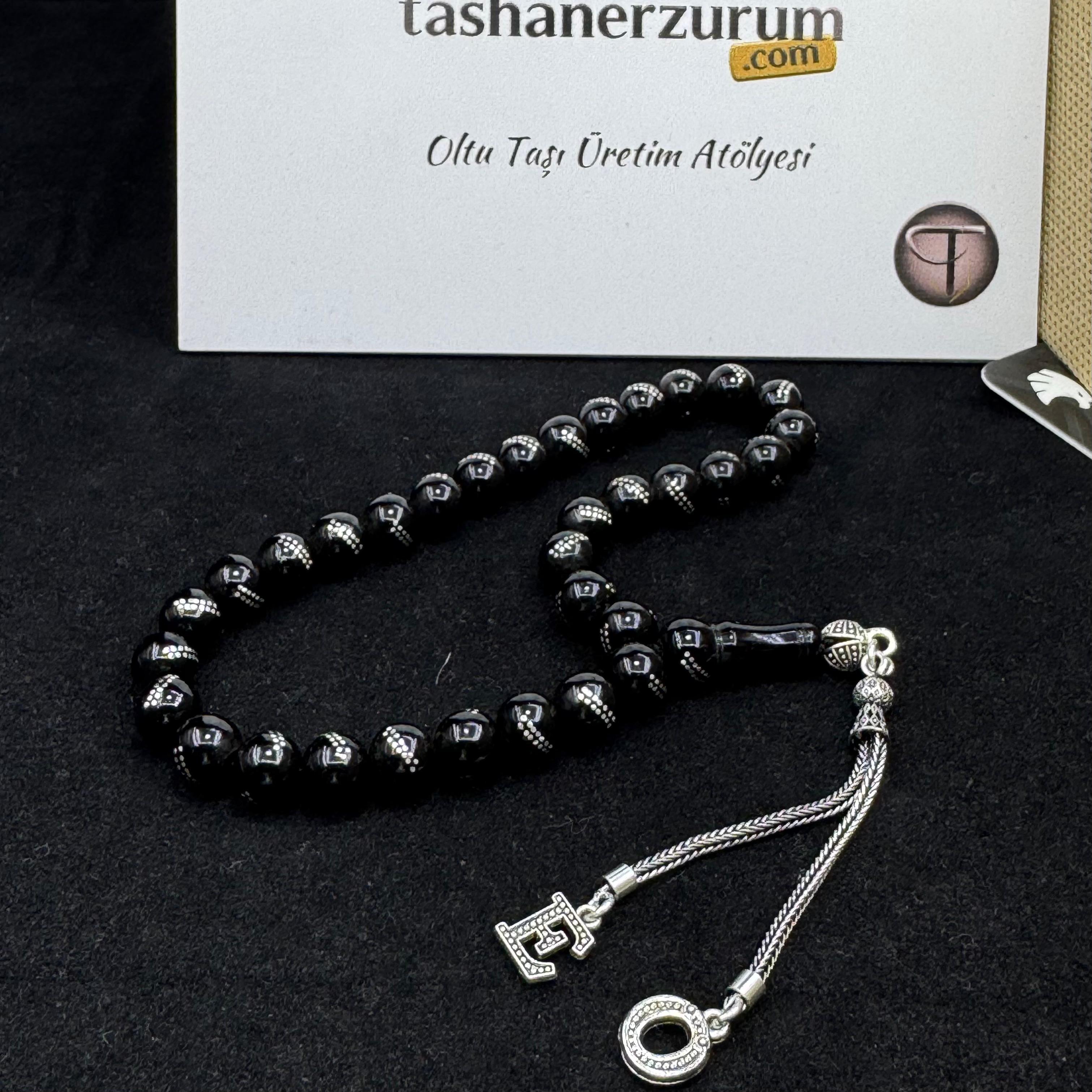 Kişiye Özel Harfli Gümüş İşlemeli Erzurum Oltu Taşı Tesbih