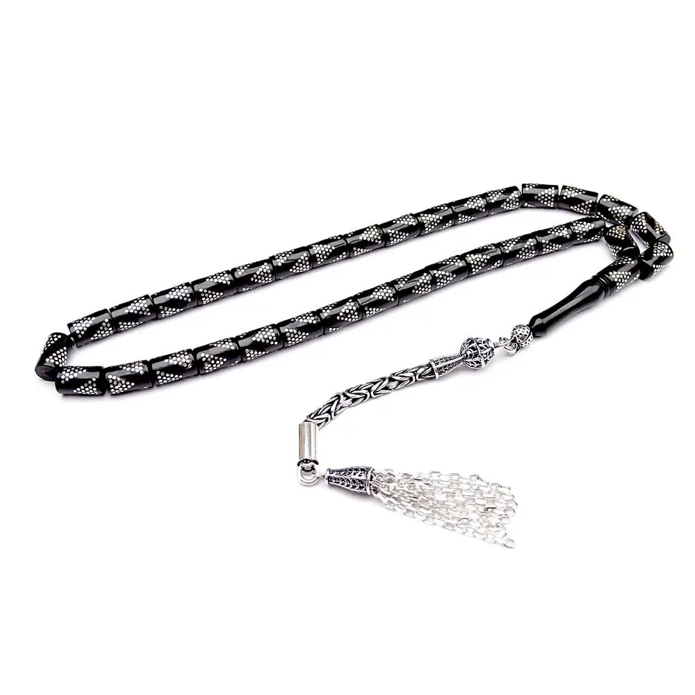 925 K Silver Engraved Kesme Erzurum Oltu Stone Prayer Beads