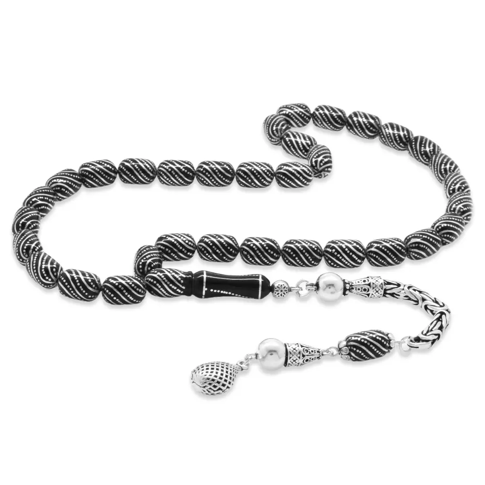 Silver Çeşmi Bülbül Engraved Capsule Cut Handcrafted Erzurum Oltu Stone Prayer Beads