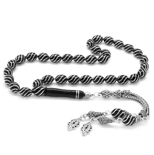 925 K Silver Double Tasselled Silver Çeşm-i Bülbül Engraved Arpa Cut Erzurum Oltu Stone Prayer Beads