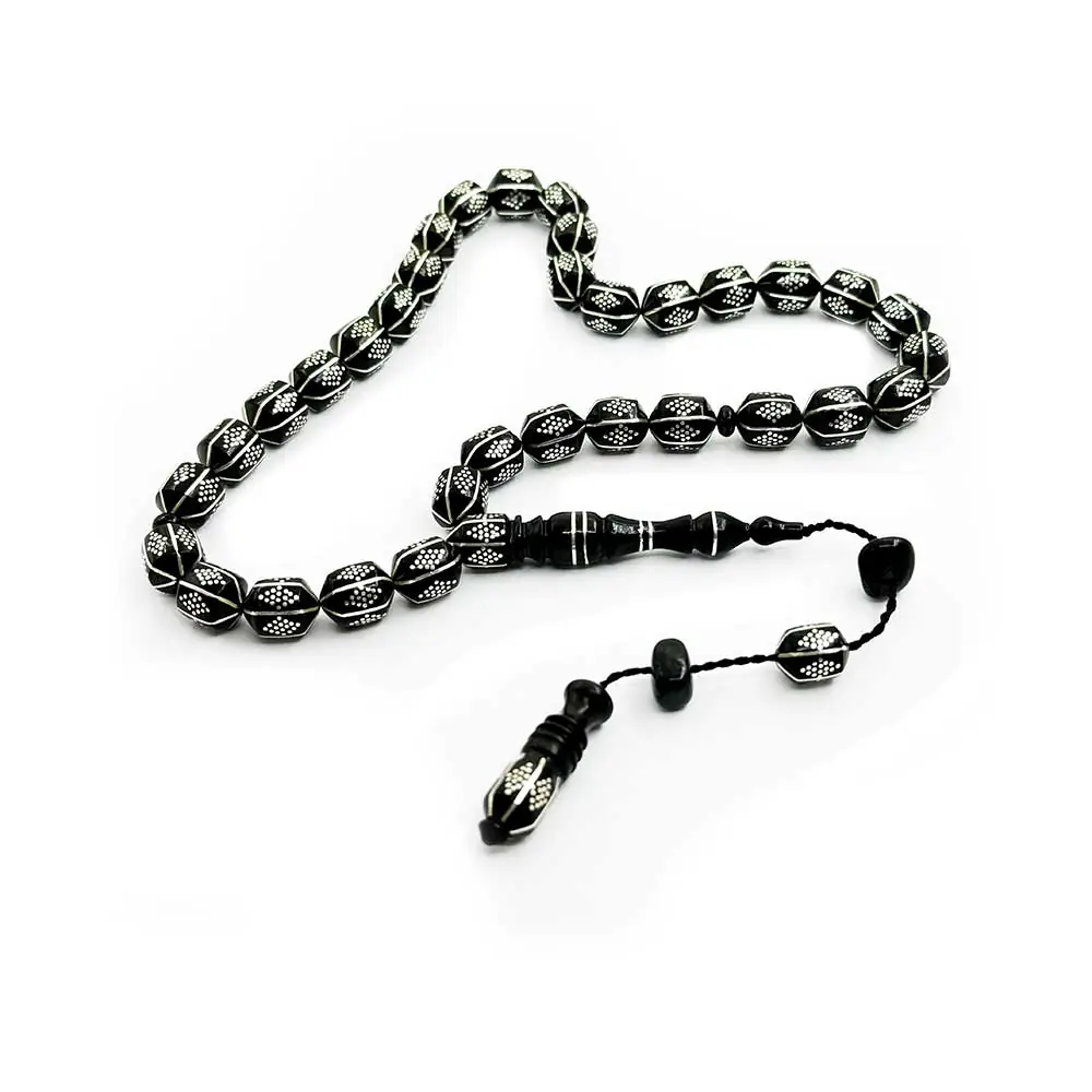 Silver Yarma & Baklava Engraved Usta Crafted Tipped Capsule Erzurum Oltu Stone Prayer Beads