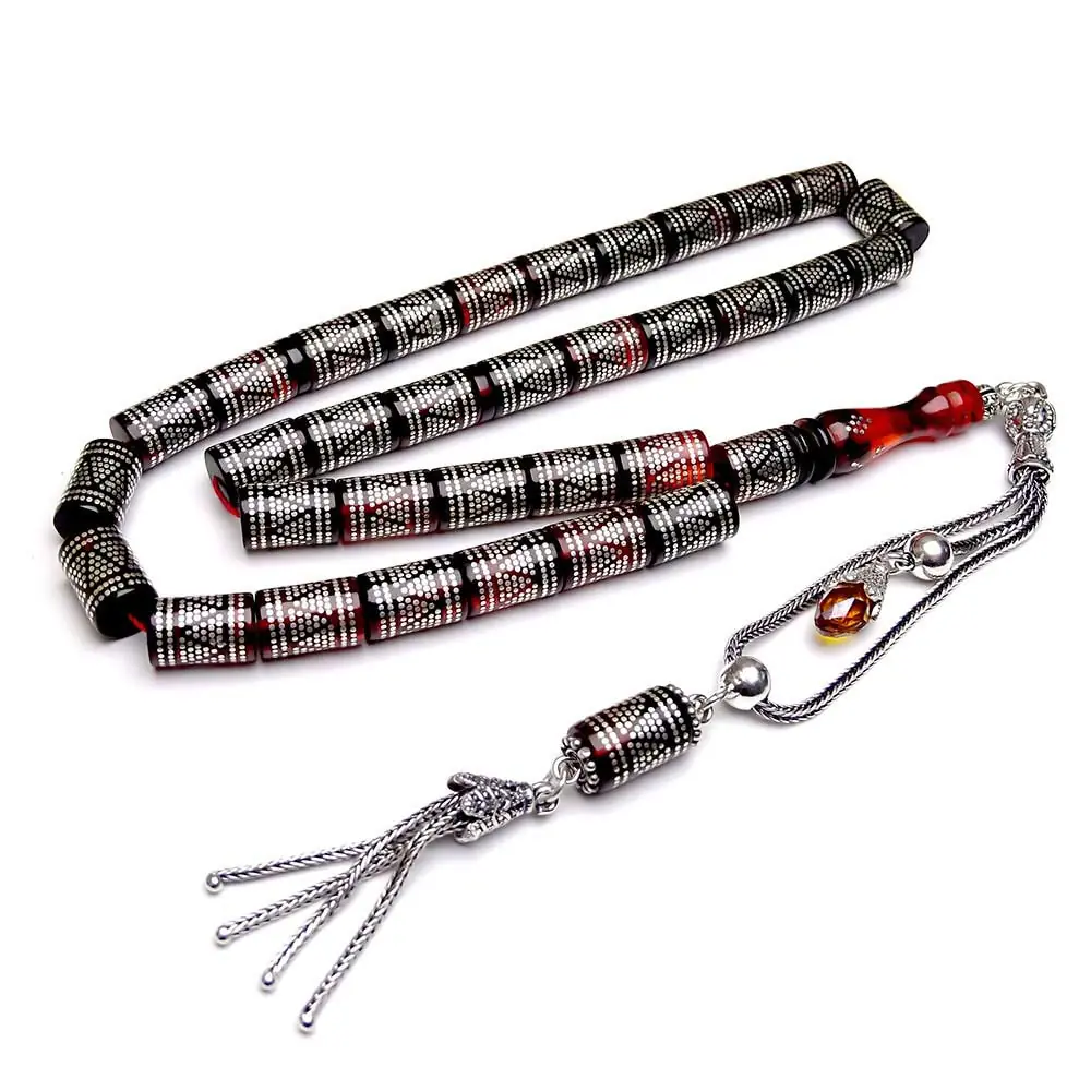 Silver Nakkaş Engraved Koleksiyonluk Fire Amber Prayer Beads