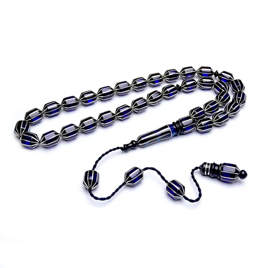 Blue Amber & Silver Yarma Engraved Tipped Capsule Erzurum Oltu Stone Prayer Beads
