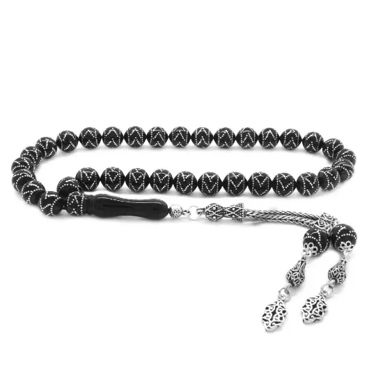 925 K Silver Tasselled Silver Zigzag Engraved Erzurum Oltu Stone Prayer Beads
