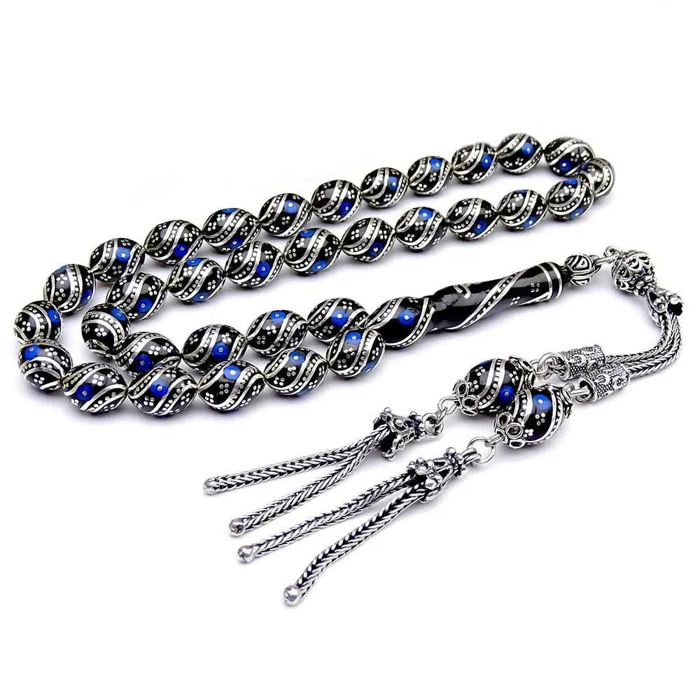 Silver Turquoise Çeşmi Bülbül Engraved Erzurum Oltu Stone Prayer Beads