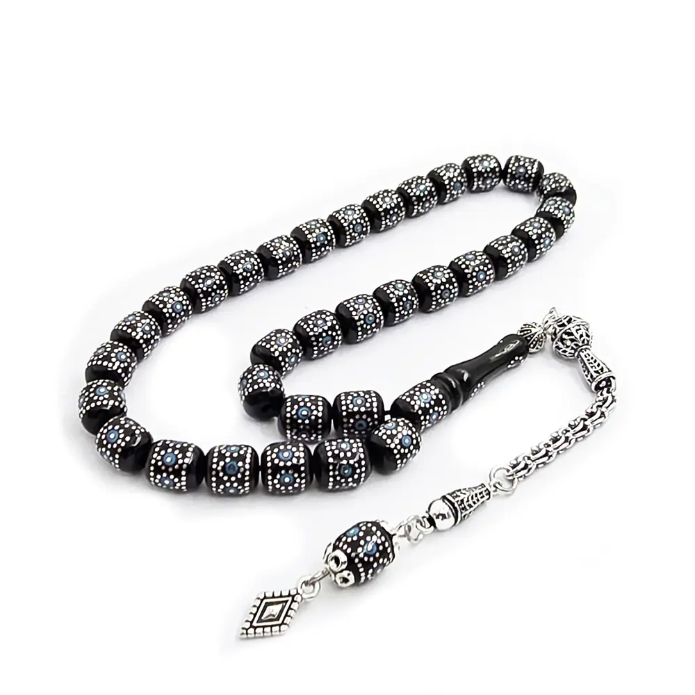 Silver Turquoise Engraved Capsule Handcrafted Erzurum Oltu Stone Prayer Beads