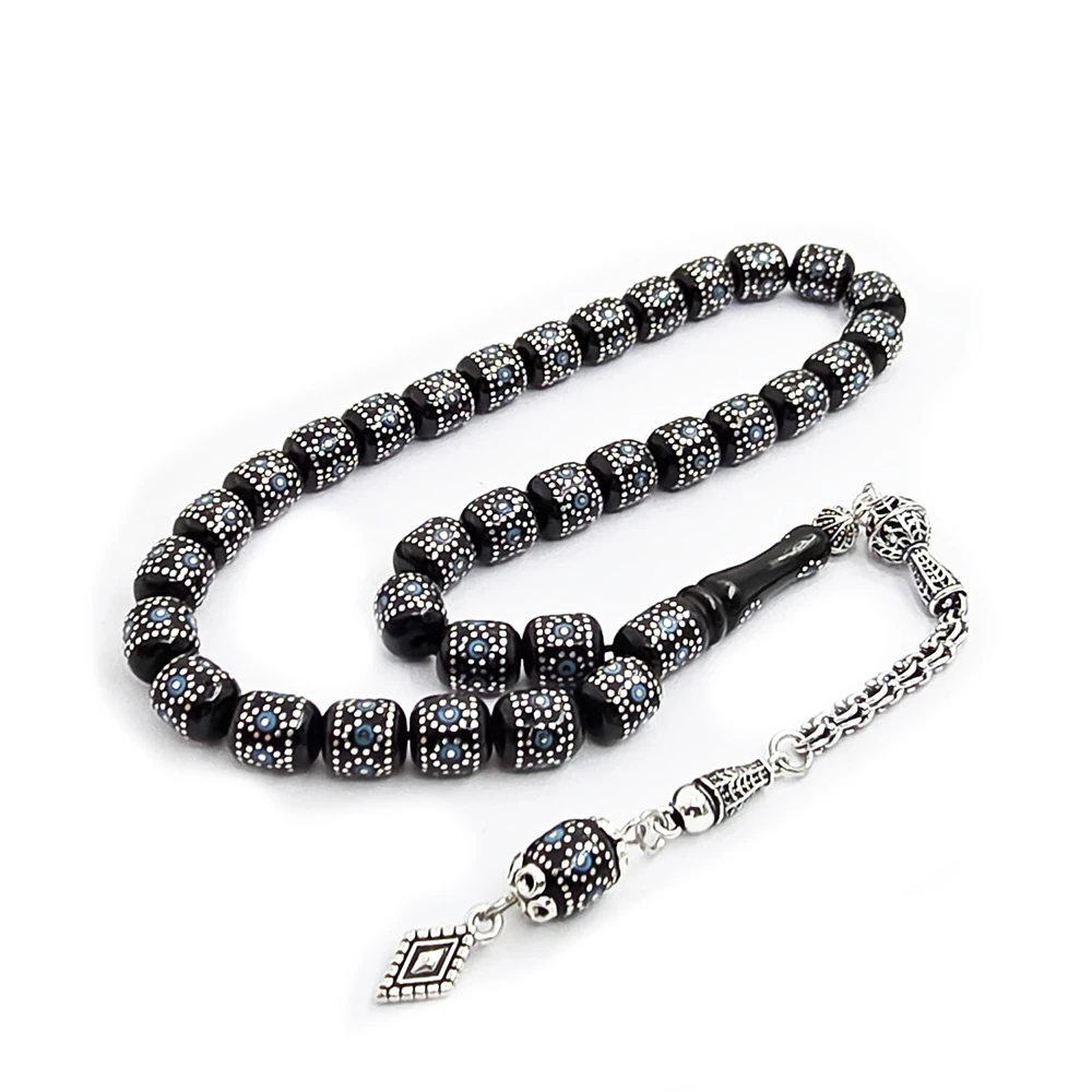 Gümüş Firuze İşlemeli Kapsül El İşçiliği Erzurum Oltu Taşı Tesbih