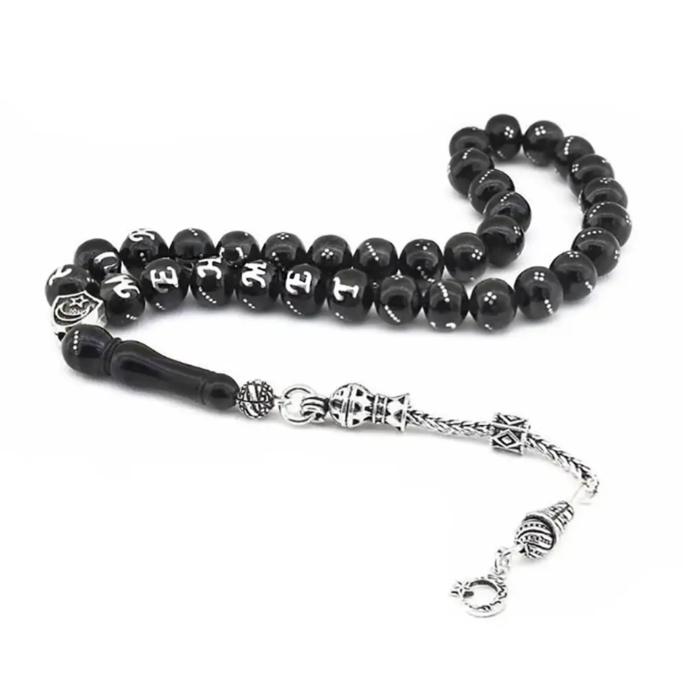 Silver Tasselled Sphere Cut Silver Engraved Name Engraved Erzurum Oltu Prayer Beads