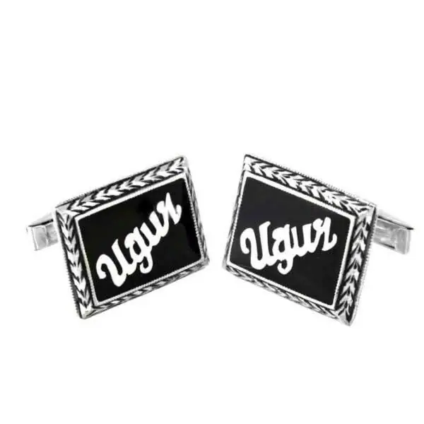 Oltu Stone-set Silver & Personalized Wrist Düğmesi Rectangle