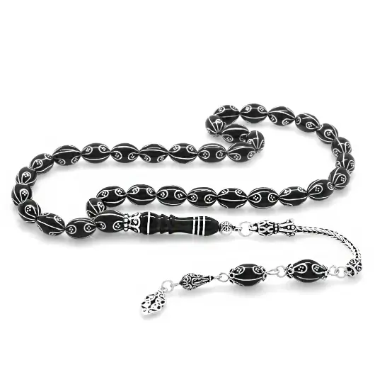 925 K Silver Kral Tasselled Silver Engraved Arpa Cut Erzurum Oltu Stone Prayer Beads