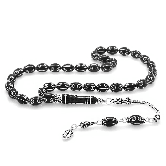 925 Sterling Silver Silver Embroidered Barley Cut Erzurum Oltu Stone Rosary with King Tassel