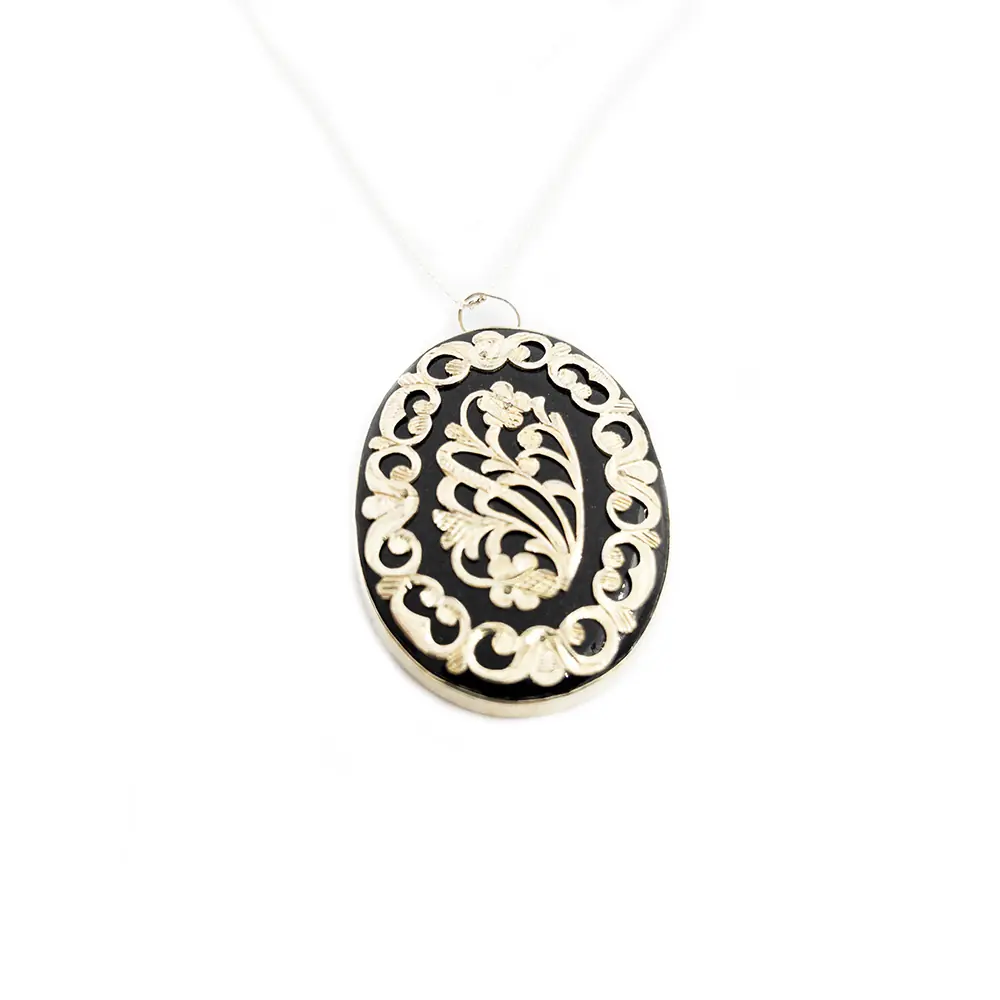 Silver Engraved Handcrafted Large Medallion Oltu Stone Necklace